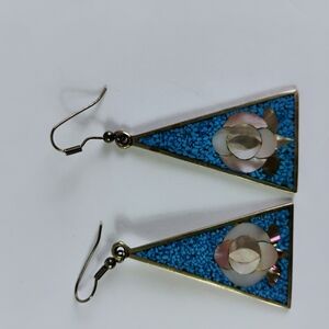 Floral Vintage Earrings Crushed Turquoise & Abalone Inlaid Flower Mexican Alpaca